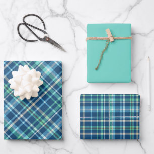 Blues, Greens & White Plaid Wrapping Paper Sheet