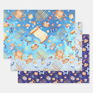 Blues Hanukkah Chanukah Watercolor Pattern Menorah Wrapping Paper Sheet