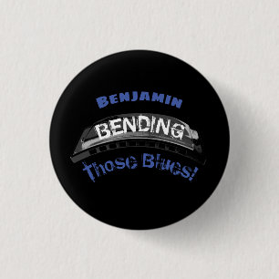 Blues harmonica player bending humour musician 3 cm round badge