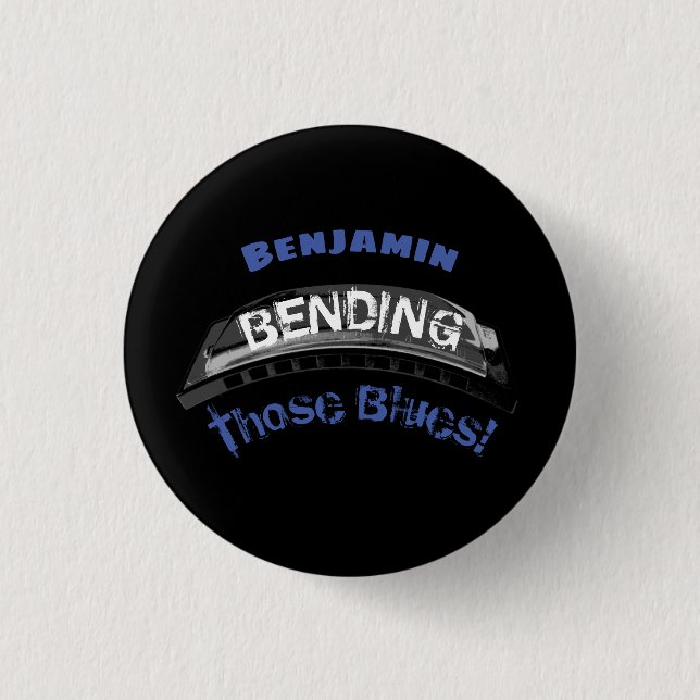 Blues harmonica player bending humour musician 3 cm round badge (Front)