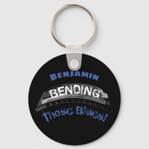 Blues harmonica player bending humour musician key ring