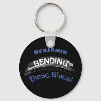 Blues harmonica player bending humour musician key ring