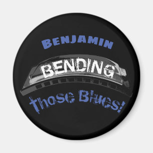 Blues harmonica player bending humour musician magnet