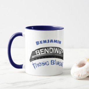 Blues harmonica player bending humour musician mug