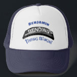 Blues harmonica player bending humour musician trucker hat<br><div class="desc">For blues harmonica players! This design features a bent harp for those musicians who understand what it really is to bend those notes!</div>