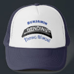 Blues harmonica player bending humour musician trucker hat<br><div class="desc">For blues harmonica players! This design features a bent harp for those musicians who understand what it really is to bend those notes!</div>