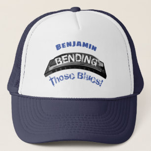 Blues harmonica player bending humour musician trucker hat