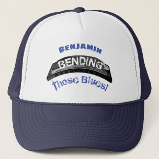Blues harmonica player bending humour musician trucker hat