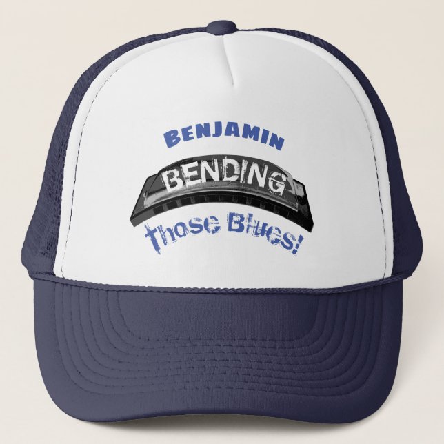 Blues harmonica player bending humour musician trucker hat (Front)
