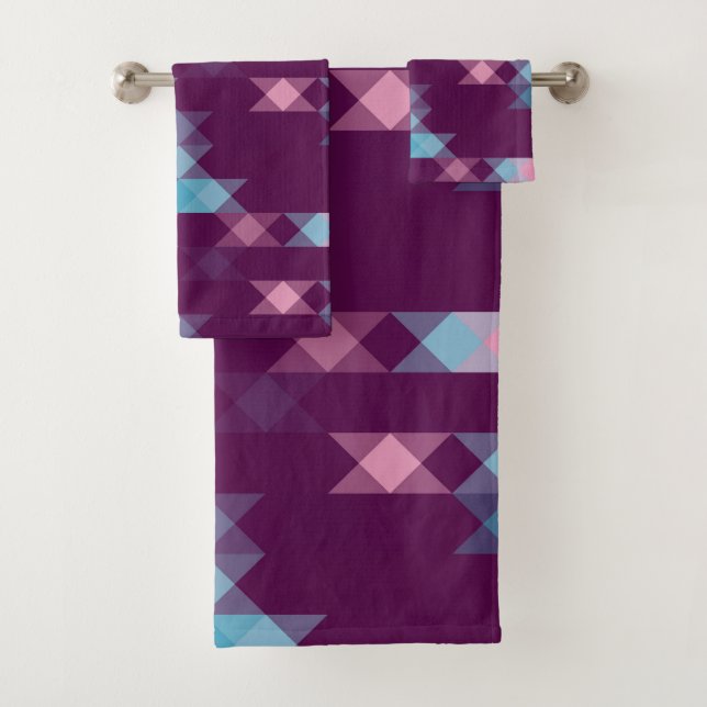 blues, pinks and purple geometric bath towel set (Insitu)