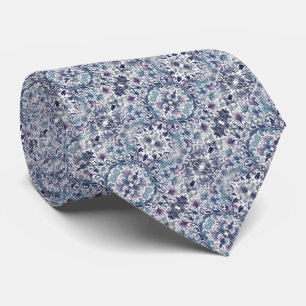 Blues, Purples, Teal & White Floral Pattern Tie