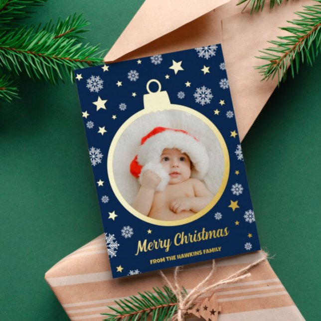 BlueSnowflakes & Gold Stars Merry Christmas Bauble Foil Holiday Card (Creator Uploaded)