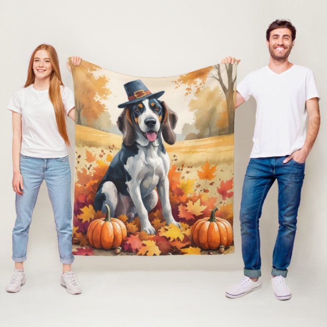 Bluetick Coonhound Autumn Leaves Thanksgiving Art Fleece Blanket (In Situ)