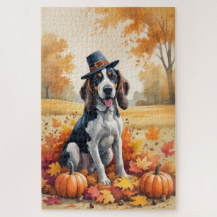 Bluetick Coonhound Autumn Leaves Thanksgiving Art Jigsaw Puzzle