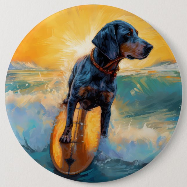 Bluetick Coonhound Beach Surfing Painting  6 Cm Round Badge (Front)