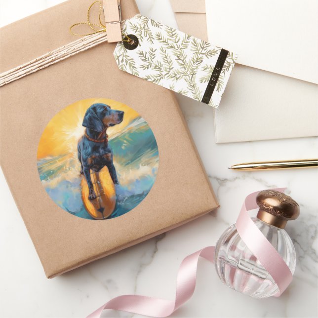 Bluetick Coonhound Beach Surfing Painting  Classic Round Sticker (Gifting)