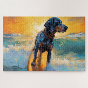 Bluetick Coonhound Beach Surfing Painting Jigsaw Puzzle