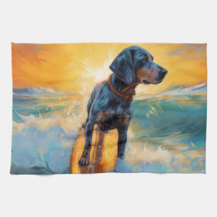 Bluetick Coonhound Beach Surfing Painting Tea Towel