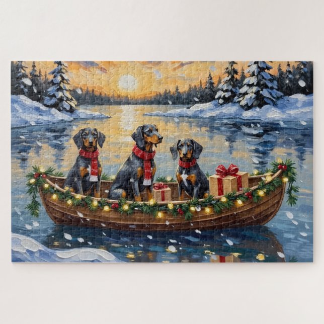 Bluetick Coonhound Christmas Boat Holiday Jigsaw Puzzle (Horizontal)