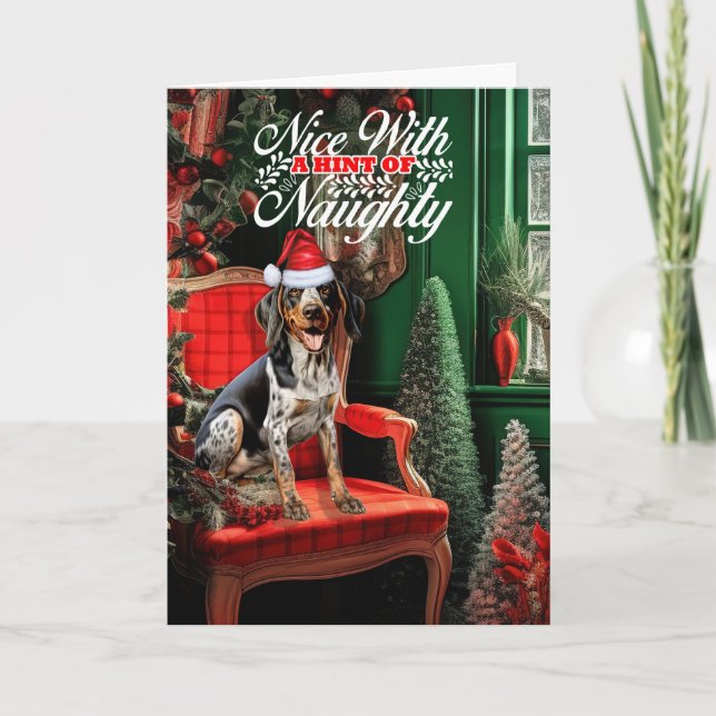 Bluetick Coonhound Christmas Dog Naughty Nice Holiday Card (Front)