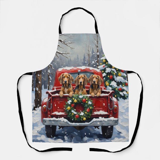 Bluetick Coonhound Christmas Red Truck Holiday Apron (Front)