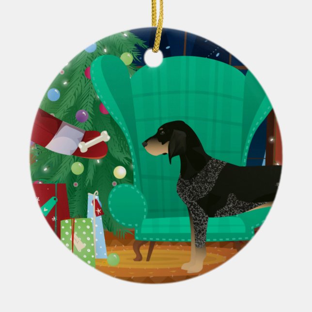 Bluetick Coonhound Christmas Santa's Gift Ceramic Tree Decoration (Front)