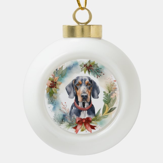 Bluetick Coonhound Christmas Wreath Festive Pup  Ceramic Ball Christmas Ornament (Front)
