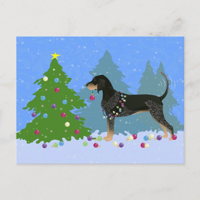 Bluetick Coonhound Decorating Christmas Tree Holiday Postcard (Front)