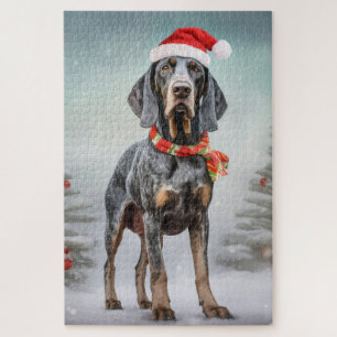 Bluetick Coonhound Dog in Snow Christmas Jigsaw Puzzle