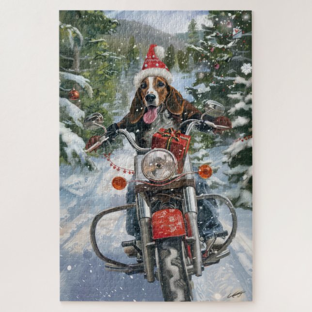 Bluetick Coonhound Dog Riding Motorcycle Christmas Jigsaw Puzzle (Vertical)