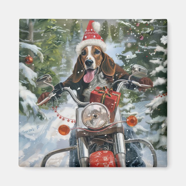 Bluetick Coonhound Dog Riding Motorcycle Christmas Magnet (Front)