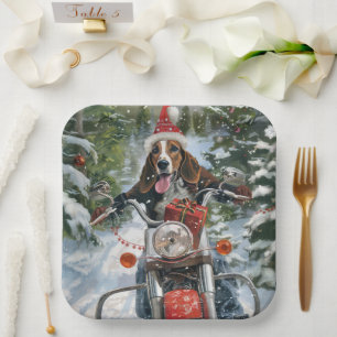 Bluetick Coonhound Dog Riding Motorcycle Christmas Paper Plate