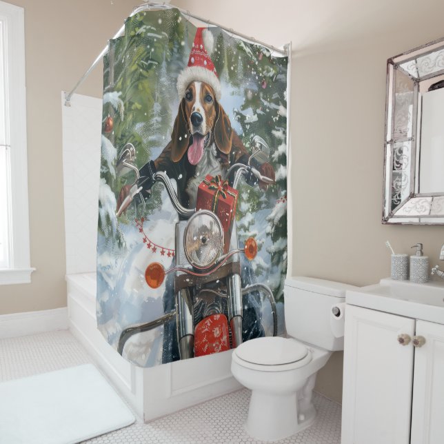 Bluetick Coonhound Dog Riding Motorcycle Christmas Shower Curtain (In Situ)