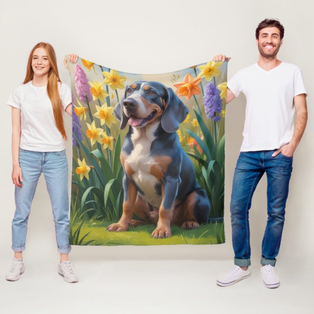 Bluetick Coonhound Dog Spring Flowers Painting Fleece Blanket (In Situ)