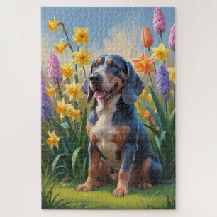 Bluetick Coonhound Dog Spring Flowers Painting Jigsaw Puzzle