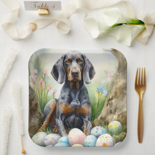 Bluetick Coonhound Dog with Easter Eggs Holiday Paper Plate