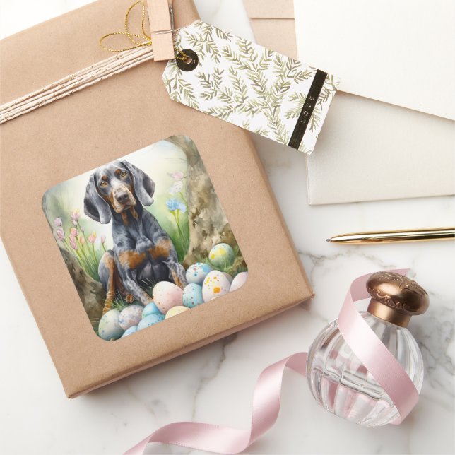 Bluetick Coonhound Dog with Easter Eggs Holiday  Square Sticker (Gifting)