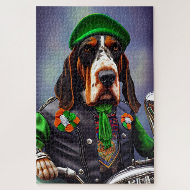 Bluetick Coonhound Driving Bike St. Patrick's Day Jigsaw Puzzle (Vertical)