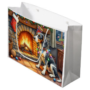 Bluetick Coonhound Fireplace with Christmas Lights Large Gift Bag
