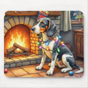 Bluetick Coonhound Fireplace with Christmas Lights Mouse Mat