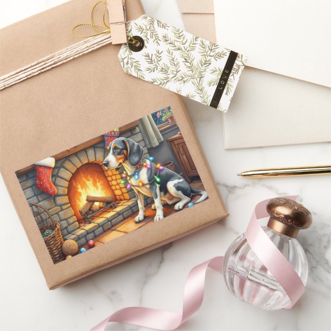 Bluetick Coonhound Fireplace with Christmas Lights Rectangular Sticker (Gifting)