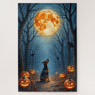 Bluetick Coonhound Haunted Forest Halloween Art Jigsaw Puzzle