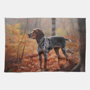 Bluetick Coonhound in Autumn Leaves Fall Inspire Tea Towel