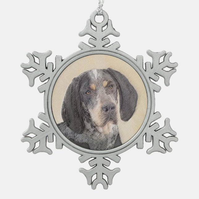 Bluetick Coonhound Painting - Cute Original Dog Ar Snowflake Pewter Christmas Ornament (Front)