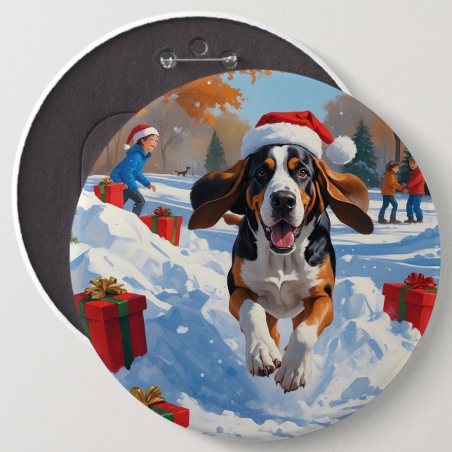 Bluetick Coonhound Running in Snow with Christmas  6 Cm Round Badge (Front & Back)