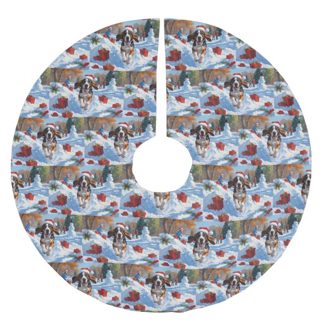 Bluetick Coonhound Running in Snow with Christmas  Brushed Polyester Tree Skirt (Front)