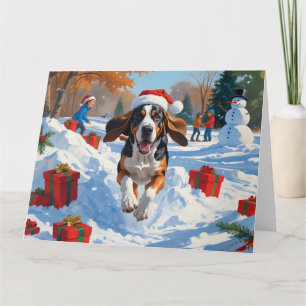 Bluetick Coonhound Running in Snow with Christmas Card