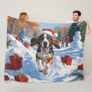 Bluetick Coonhound Running in Snow with Christmas Fleece Blanket