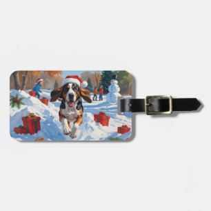 Bluetick Coonhound Running in Snow with Christmas Luggage Tag