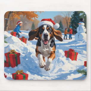 Bluetick Coonhound Running in Snow with Christmas  Mouse Mat